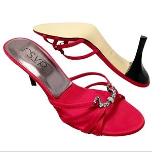 RSVP "Soffie" Red Satin Slide On Strapy Heels 7M